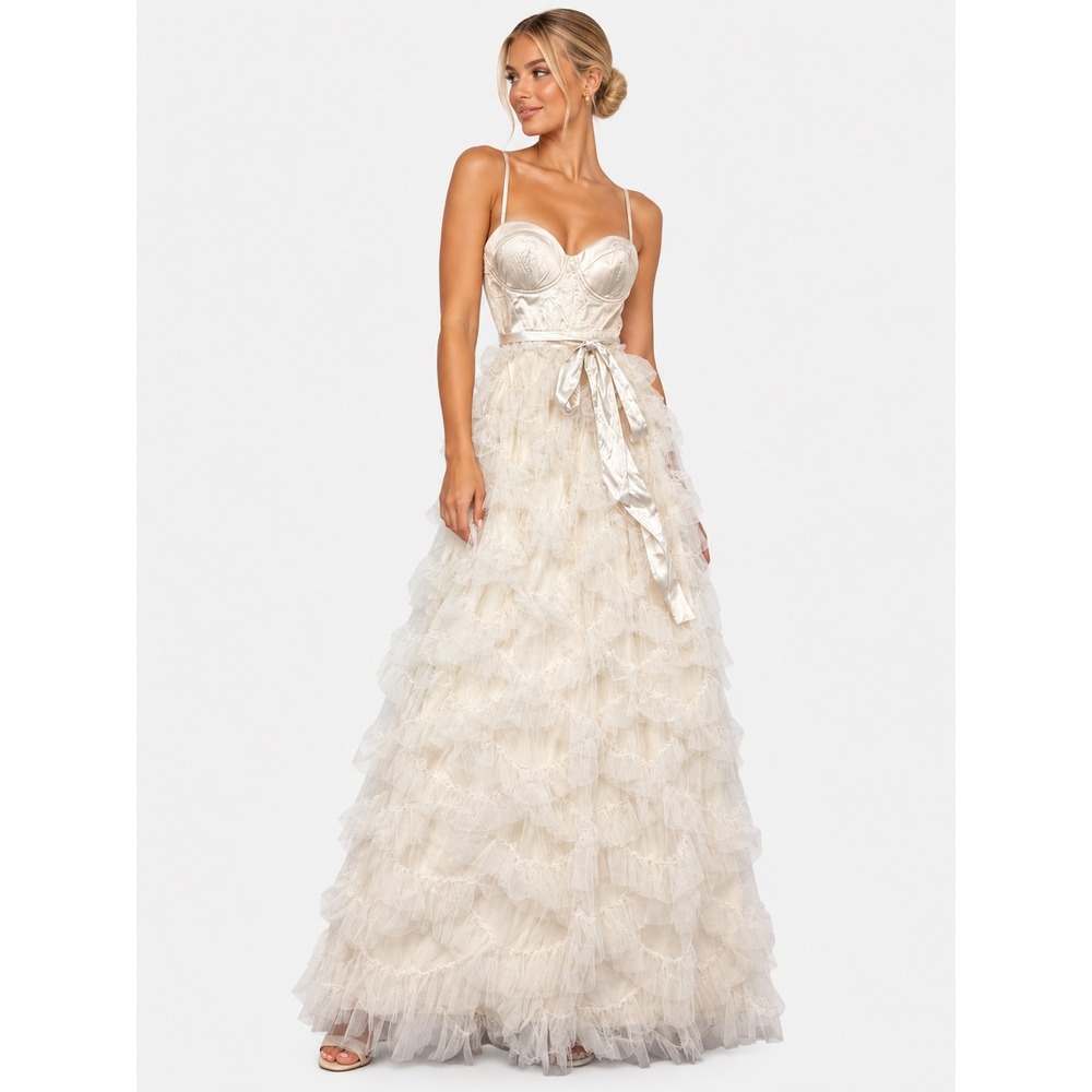 Maniju Cream Ruffled Tulle Satin Bustier Maxi Bridal Party Dress Size M
